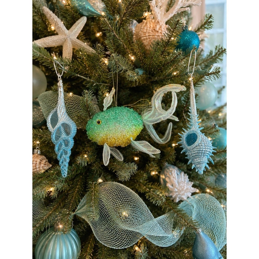 Vintage Glitter Seashell & Beaded Fish Christmas‎ Ornaments Lot Coastal Decor